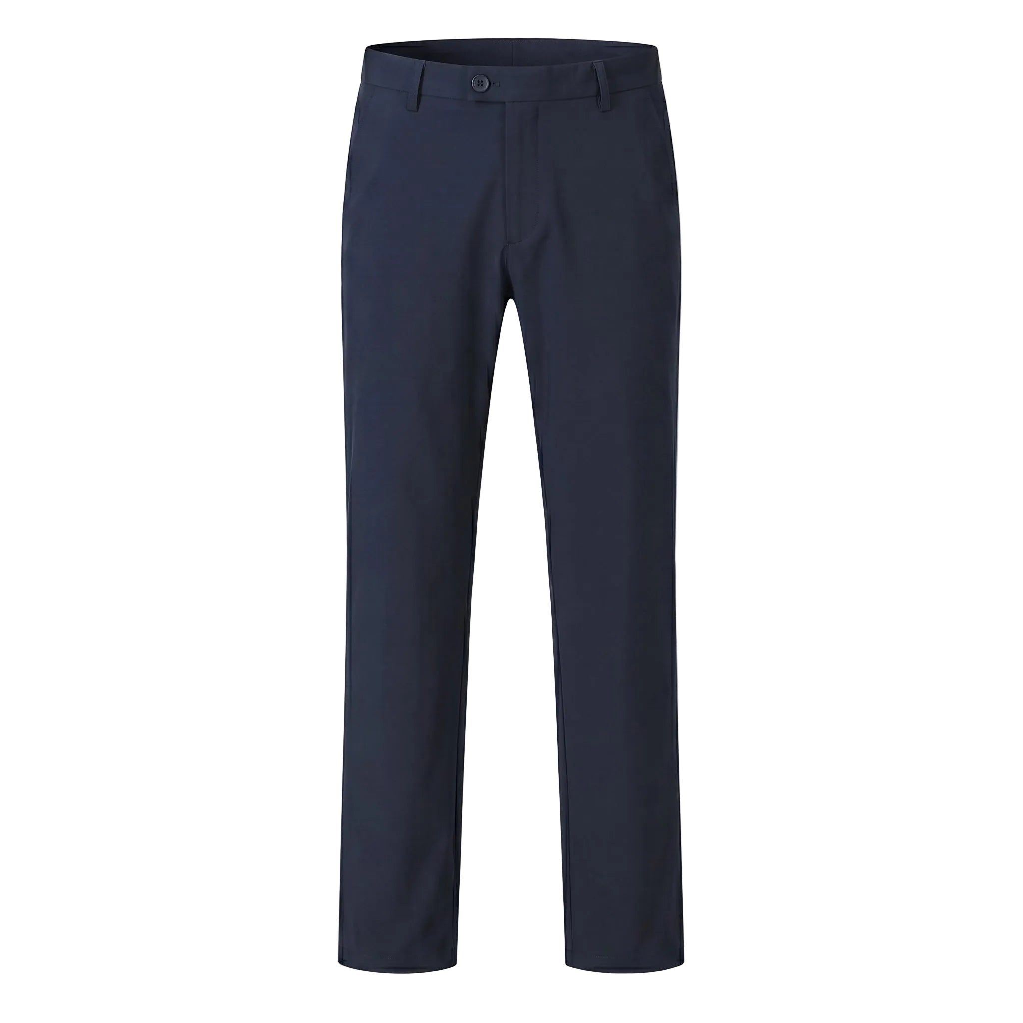 Navy blue men’s stretch straight-leg trousers with belt loops