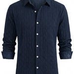 Navy blue mens embossed long sleeve button-up shirt