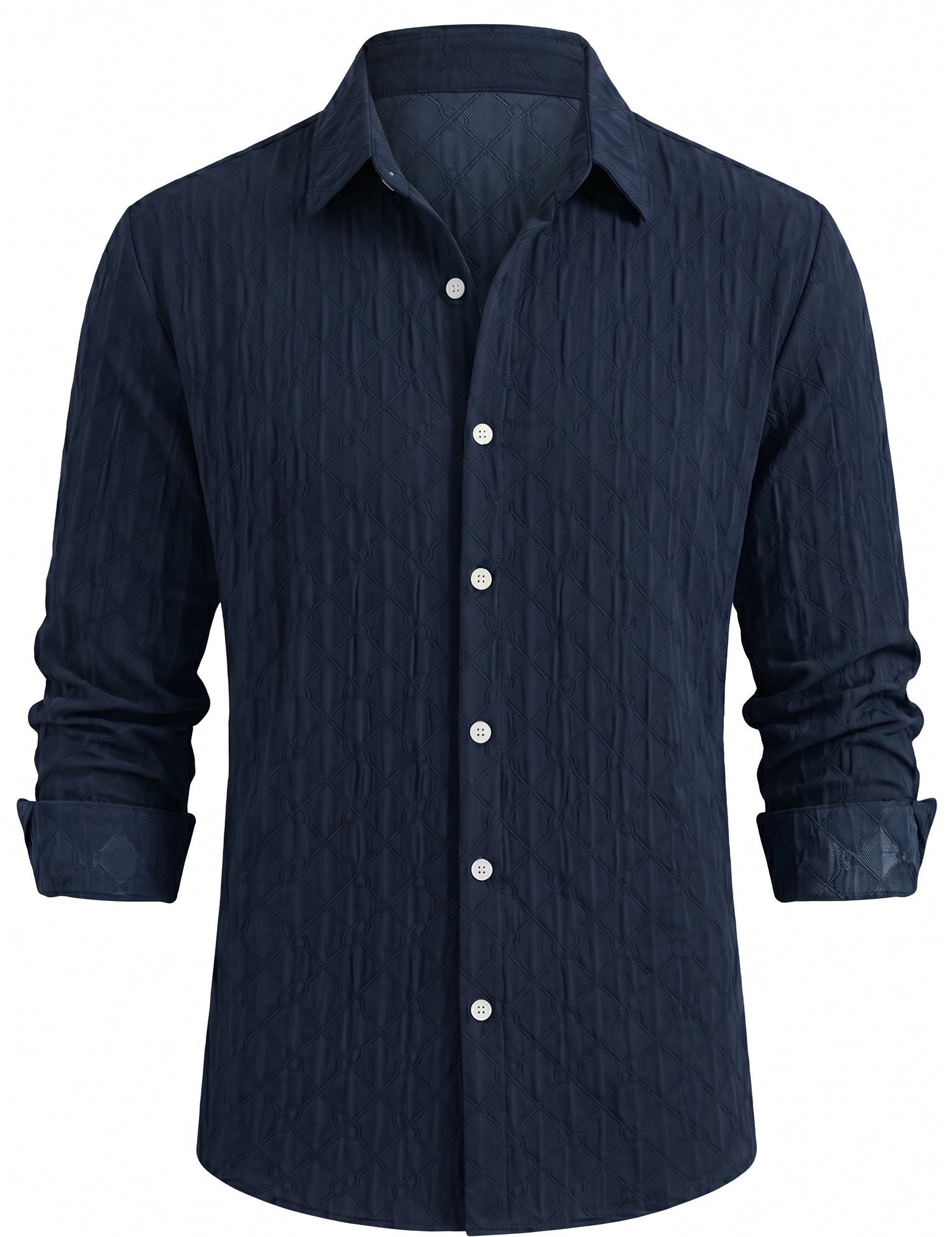 Navy blue mens embossed long sleeve button-up shirt
