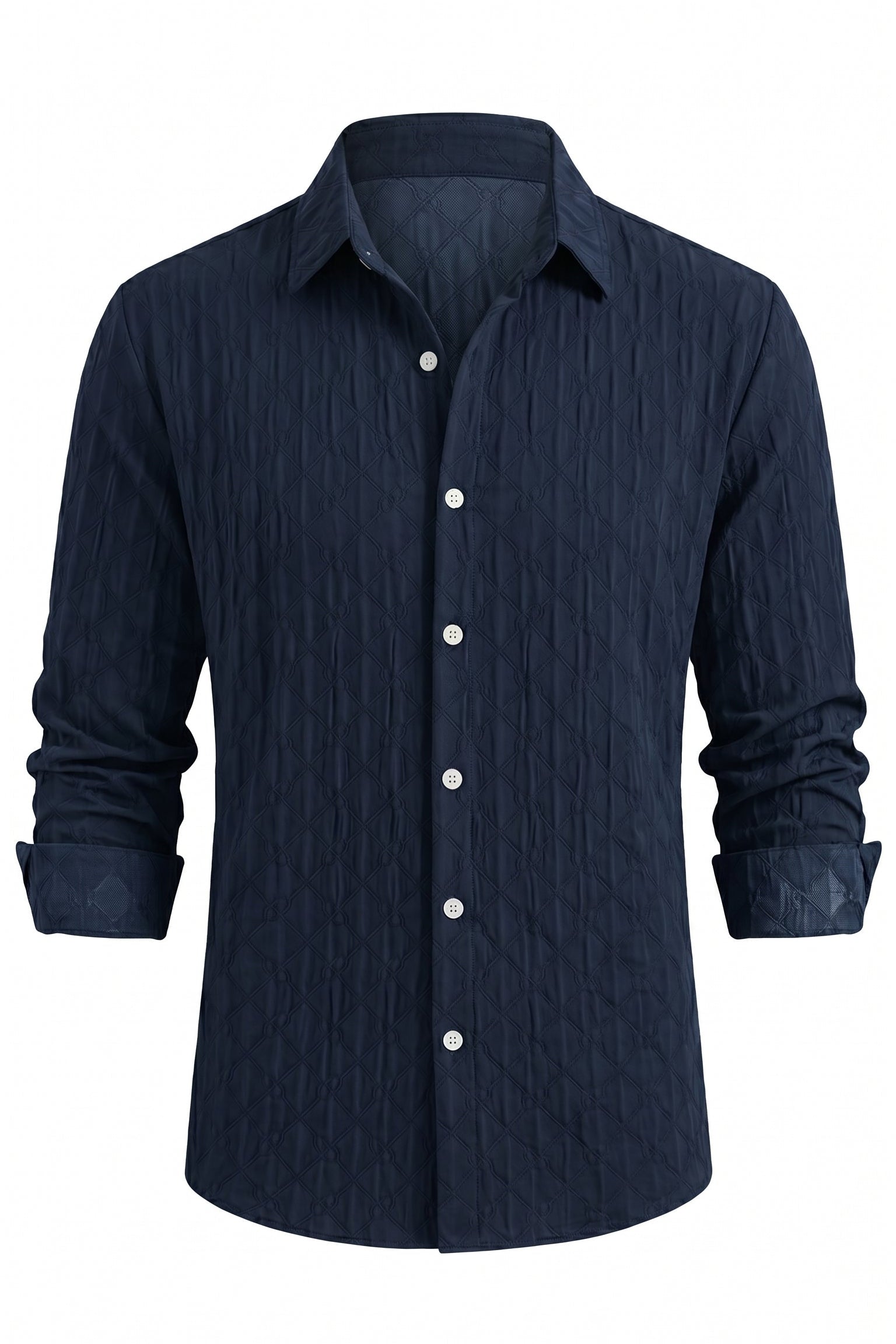 Navy blue mens embossed long sleeve button-up shirt