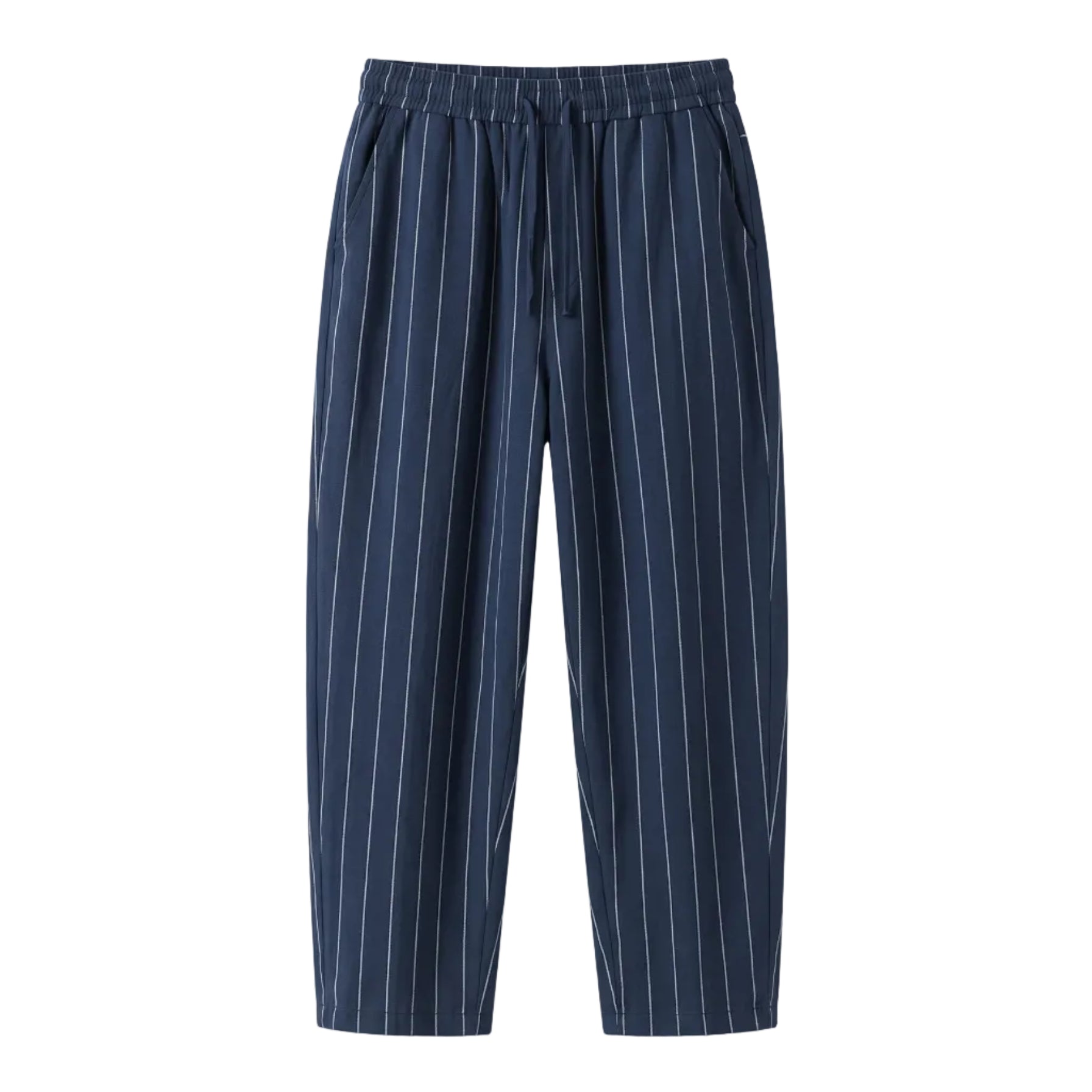 Navy blue pinstripe relaxed-fit pants with straight legs on a white background.