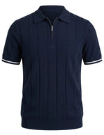 Navy blue polo shirt with white trim on a light gray background