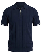 Navy blue polo shirt with white trim on a light gray background