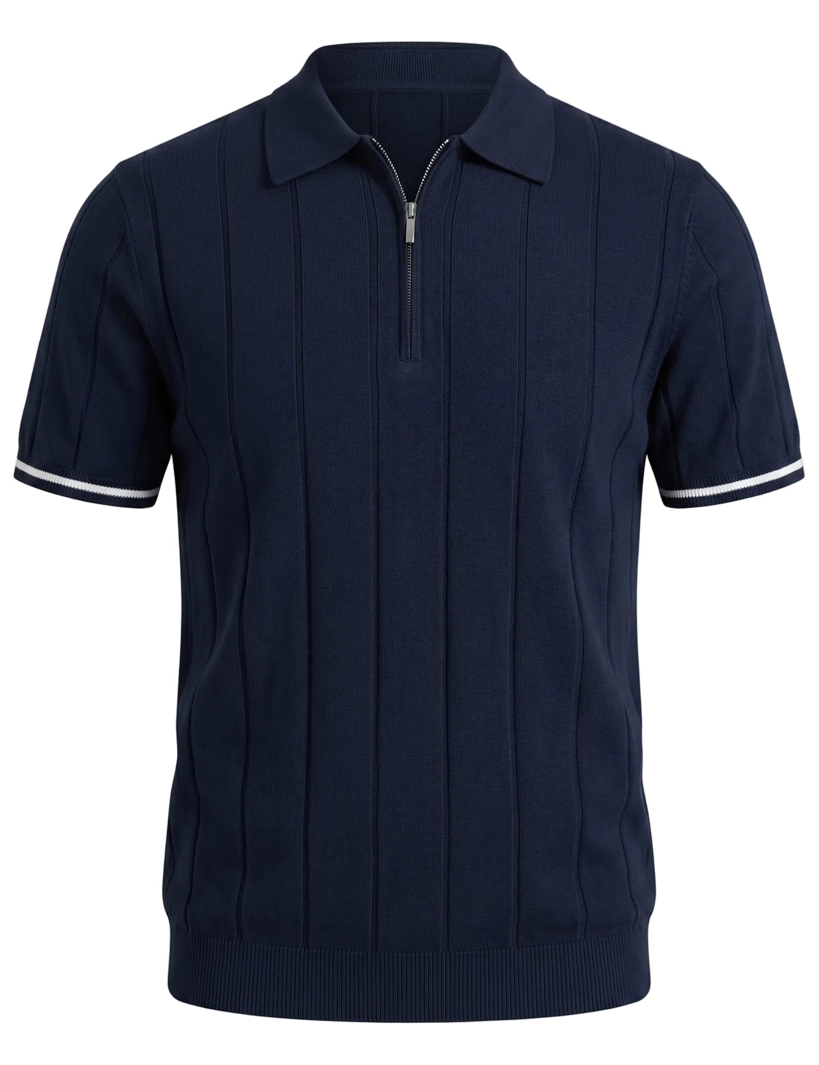 Navy blue polo shirt with white trim on a light gray background
