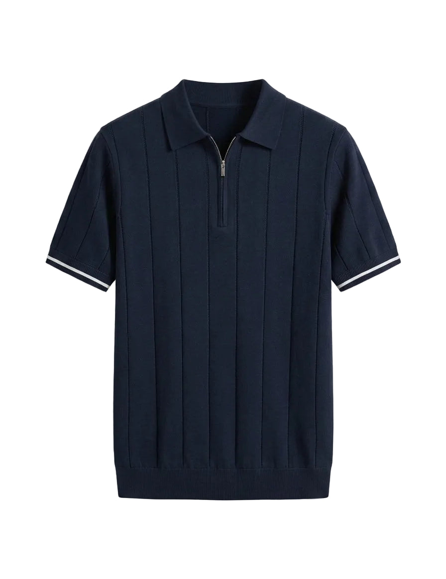 Navy blue polo shirt with white trim on a white background