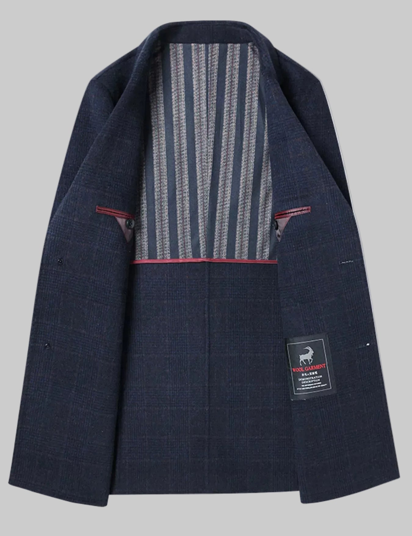 Navy blue suit jacket with striped lining on a white background