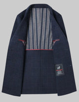 Navy blue suit jacket with striped lining on a white background