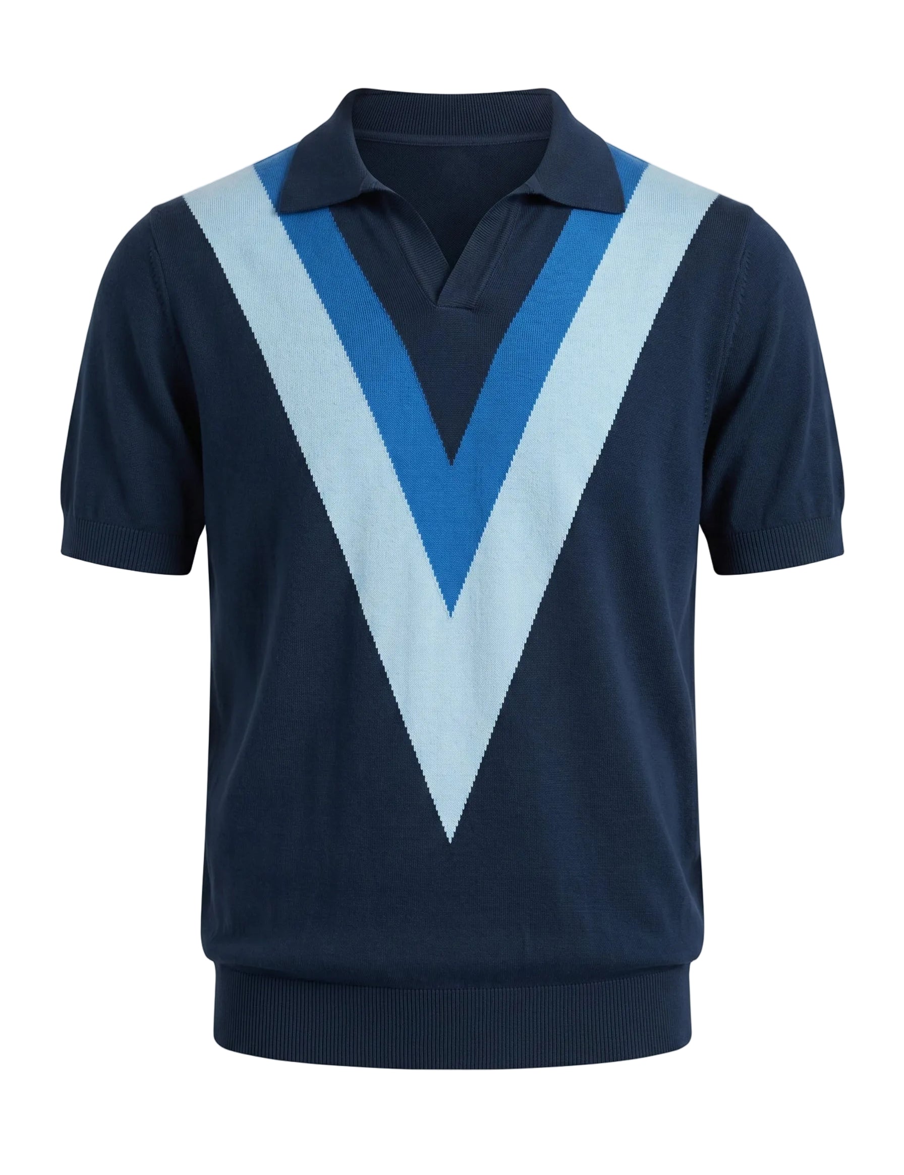 Navy blue sweater with a large light blue 'V' pattern on a white background