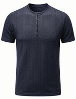 Navy blue textured short-sleeve henley shirt on a white background