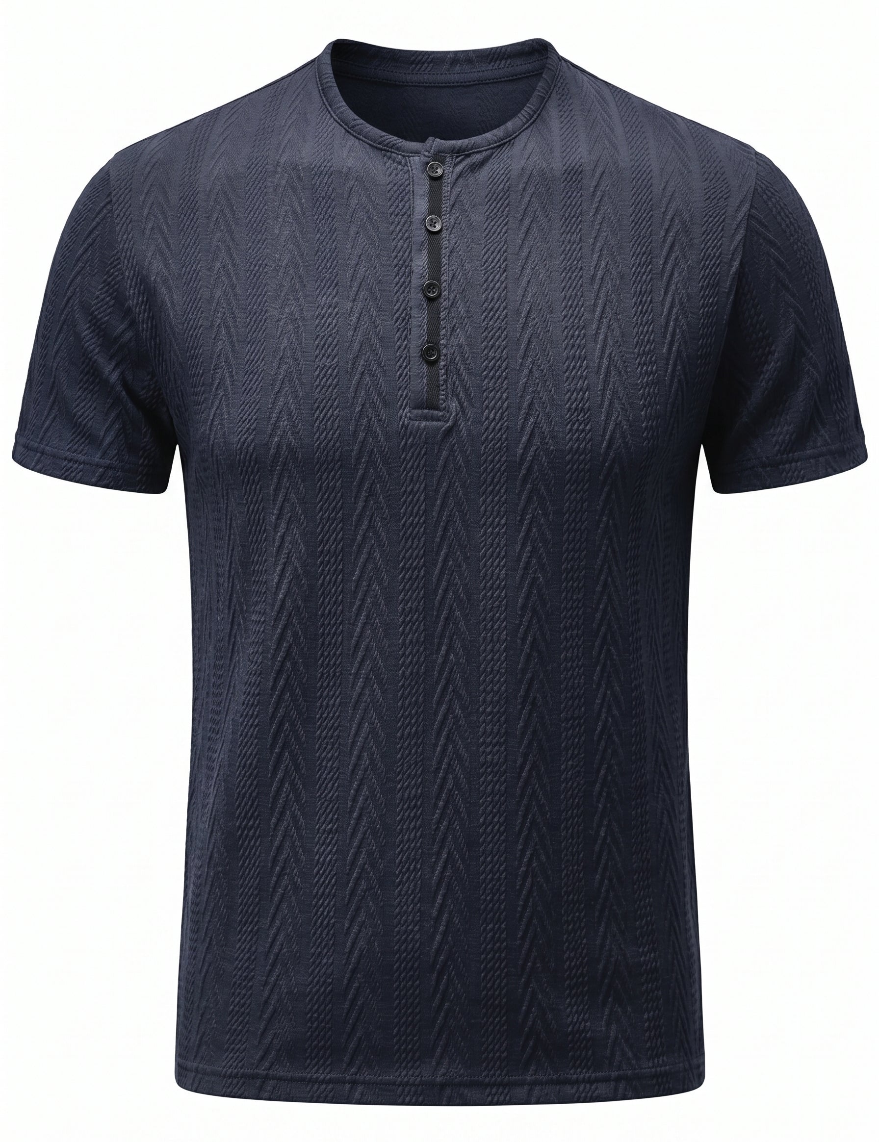 Navy blue textured short-sleeve henley shirt on a white background