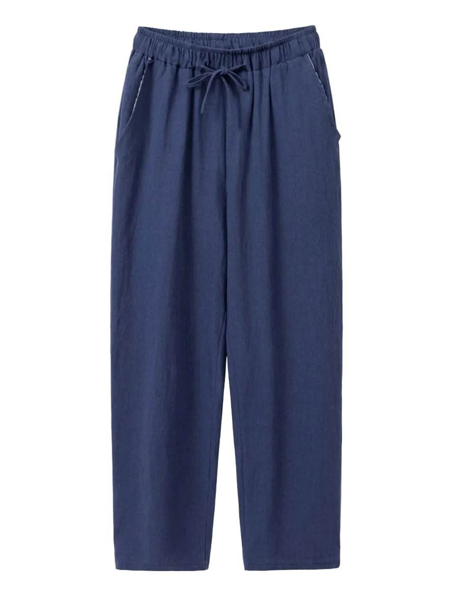 Navy drawstring relaxed-fit pants with straight legs on a white background.
