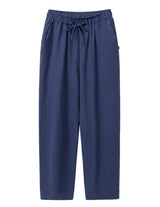 Navy drawstring relaxed-fit pants with straight legs on a white background.