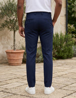 Navy men’s pocketed tailored trousers with clean straight fit back view