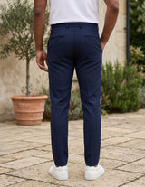 Navy men’s pocketed tailored trousers with clean straight fit back view