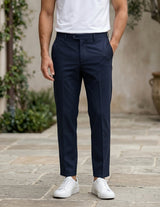 Navy men’s pocketed tailored trousers with clean straight fit bottom