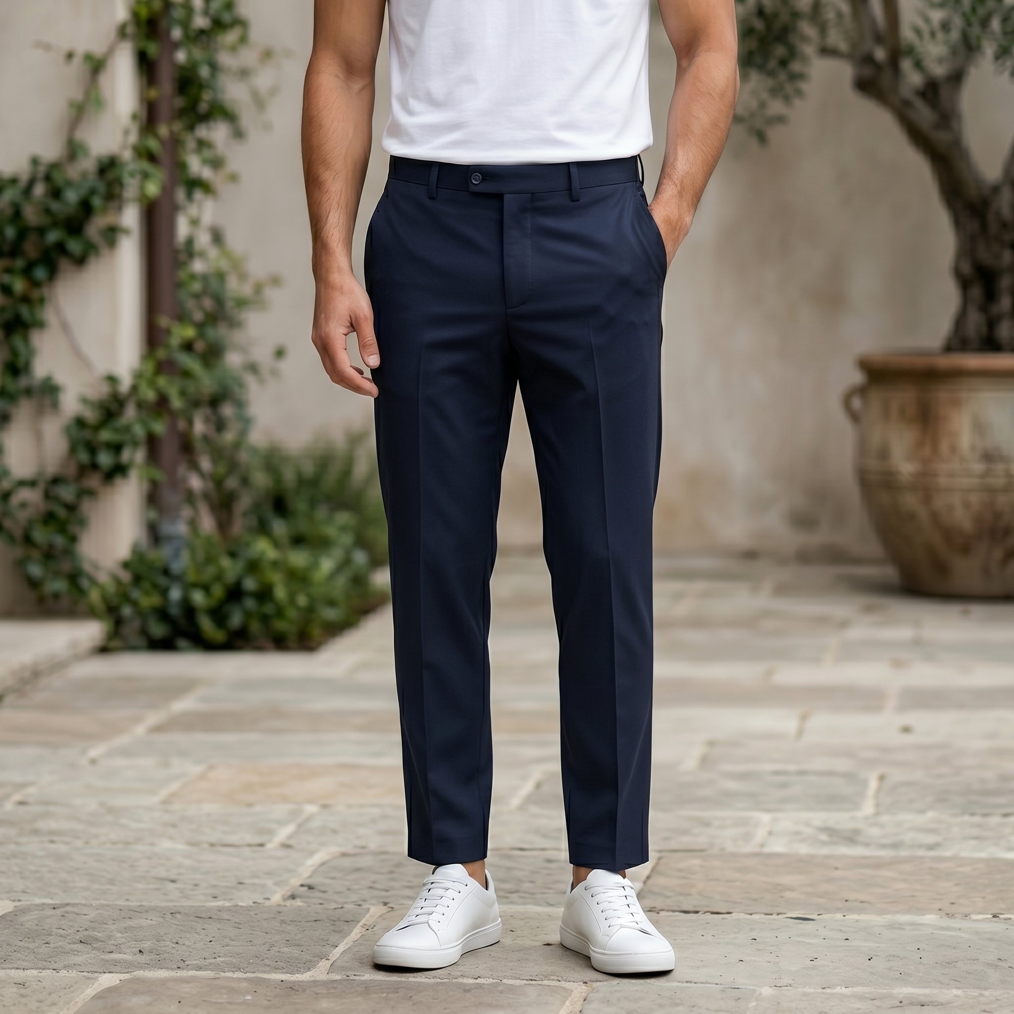 Navy men’s pocketed tailored trousers with clean straight fit bottom