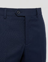 Navy men’s pocketed tailored trousers with clean straight fit closeup details