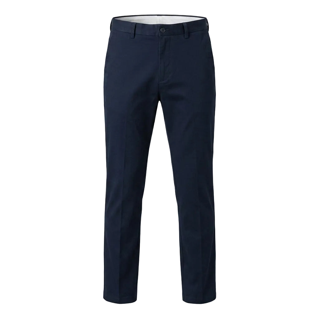 Navy men’s straight fit pocketed trousers with clean front