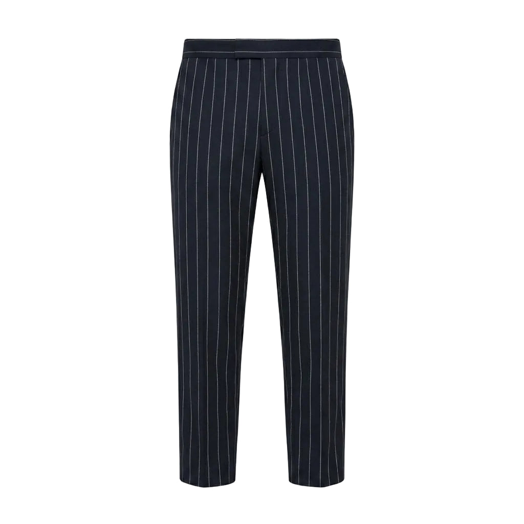 Navy pinstripe relaxed-fit pants with straight legs on a white background.