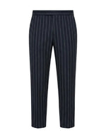 Navy pinstripe relaxed-fit pants with straight legs on a white background.