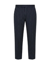 Navy pinstripe relaxed-fit pants with straight legs on a white background.