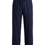 Navy relaxed-fit casual pants on a white background.