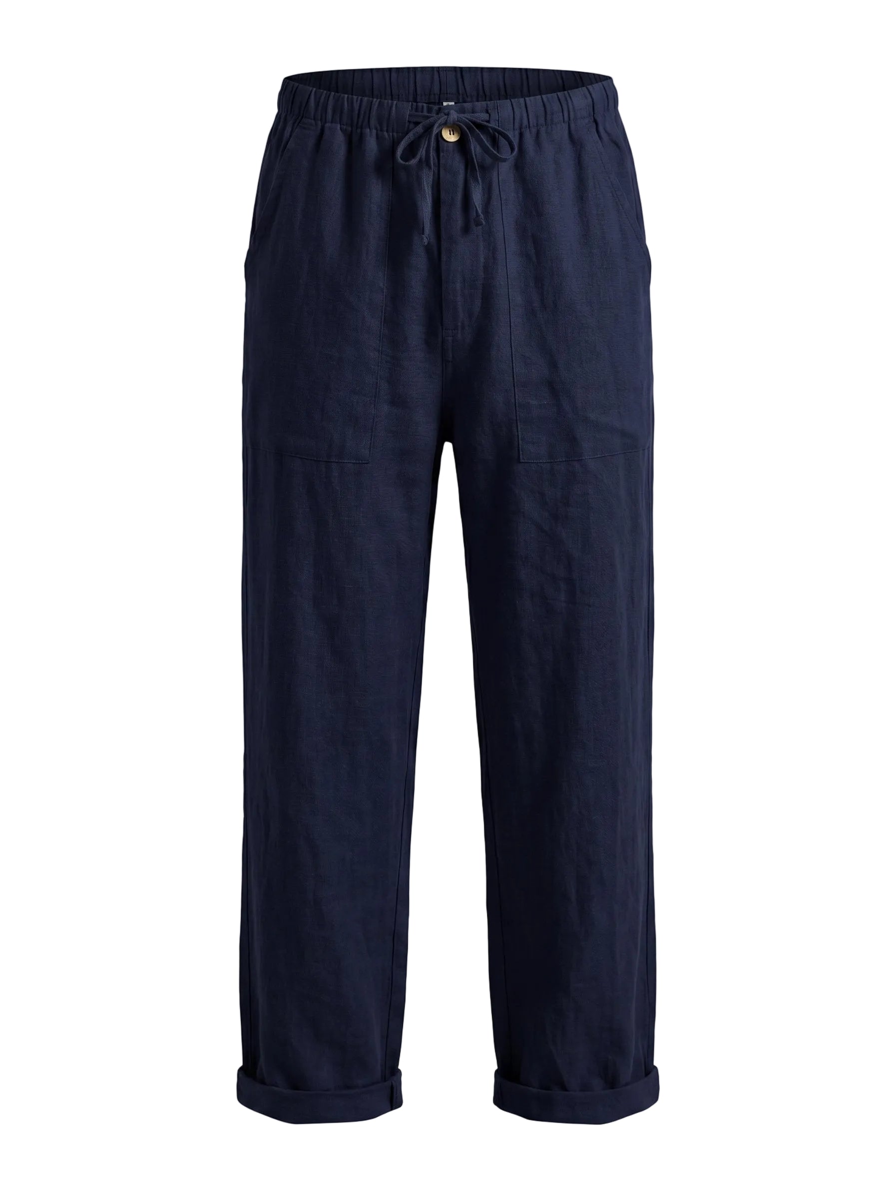 Navy relaxed-fit casual pants on a white background.