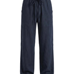 Navy relaxed-fit casual pants on a white background.