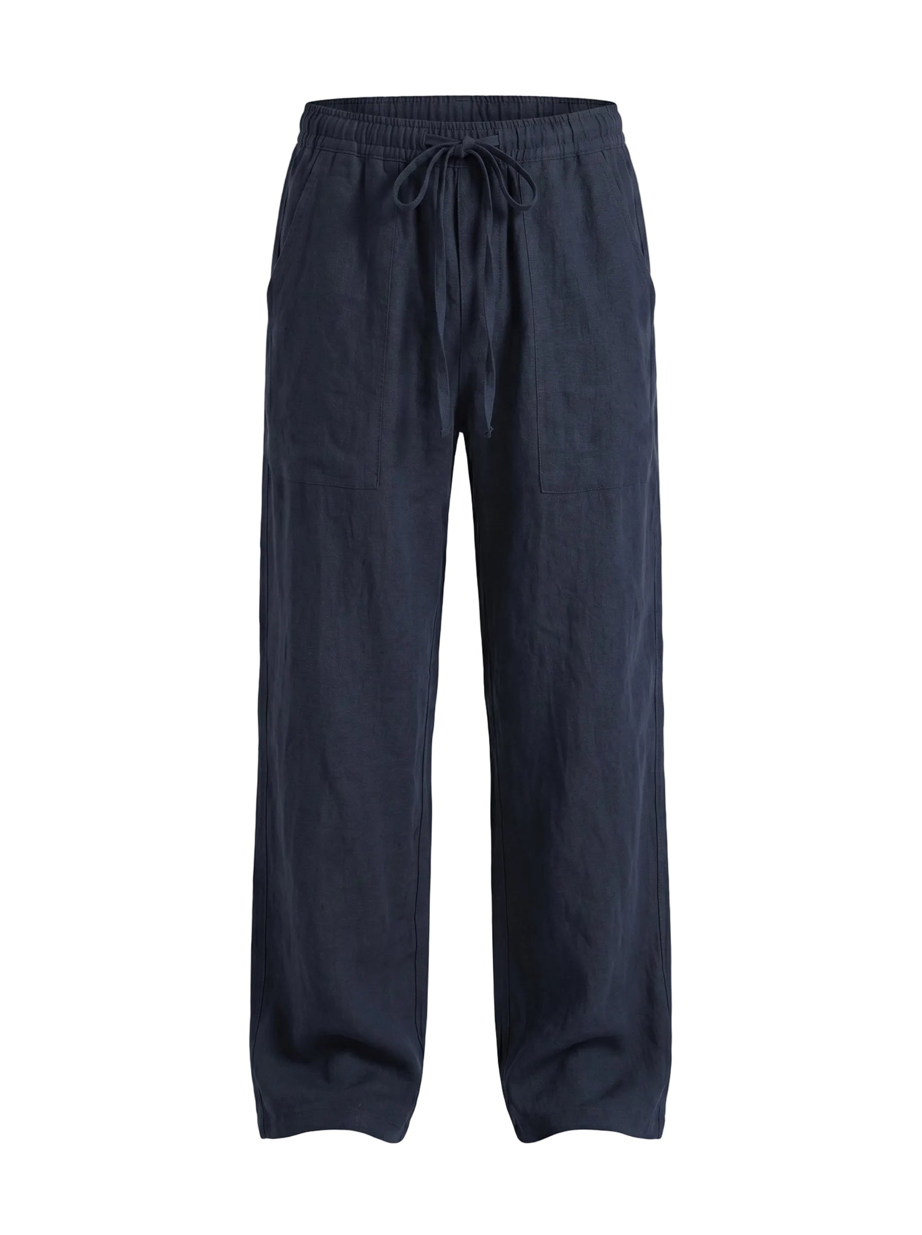 Navy relaxed-fit casual pants on a white background.