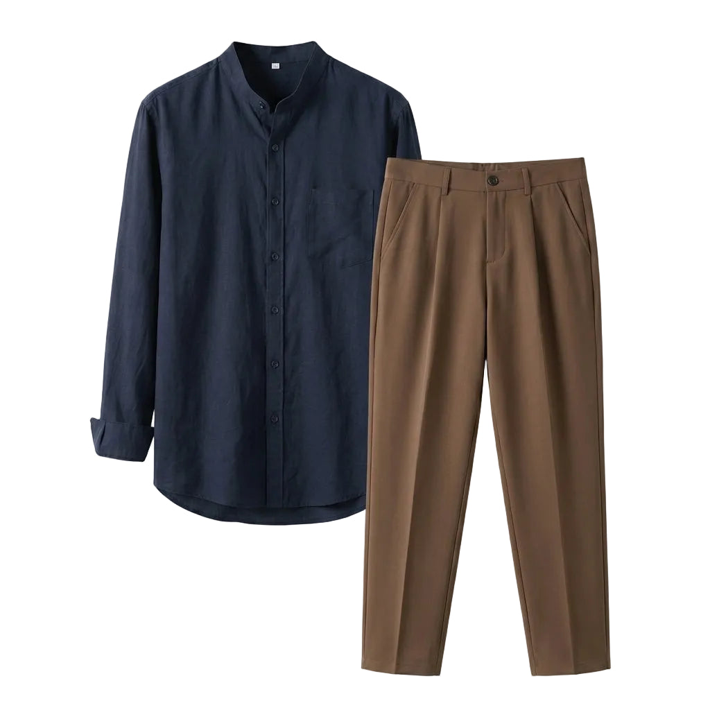 Navy shirt and brown pants on a light gray background