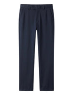 Navy tailored dress pants with straight legs on a white background.