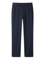 Navy tailored dress pants with straight legs on a white background.