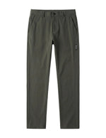 Olive green casual pants with tapered straight legs on a white background.