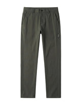 Olive green casual pants with tapered straight legs on a white background.