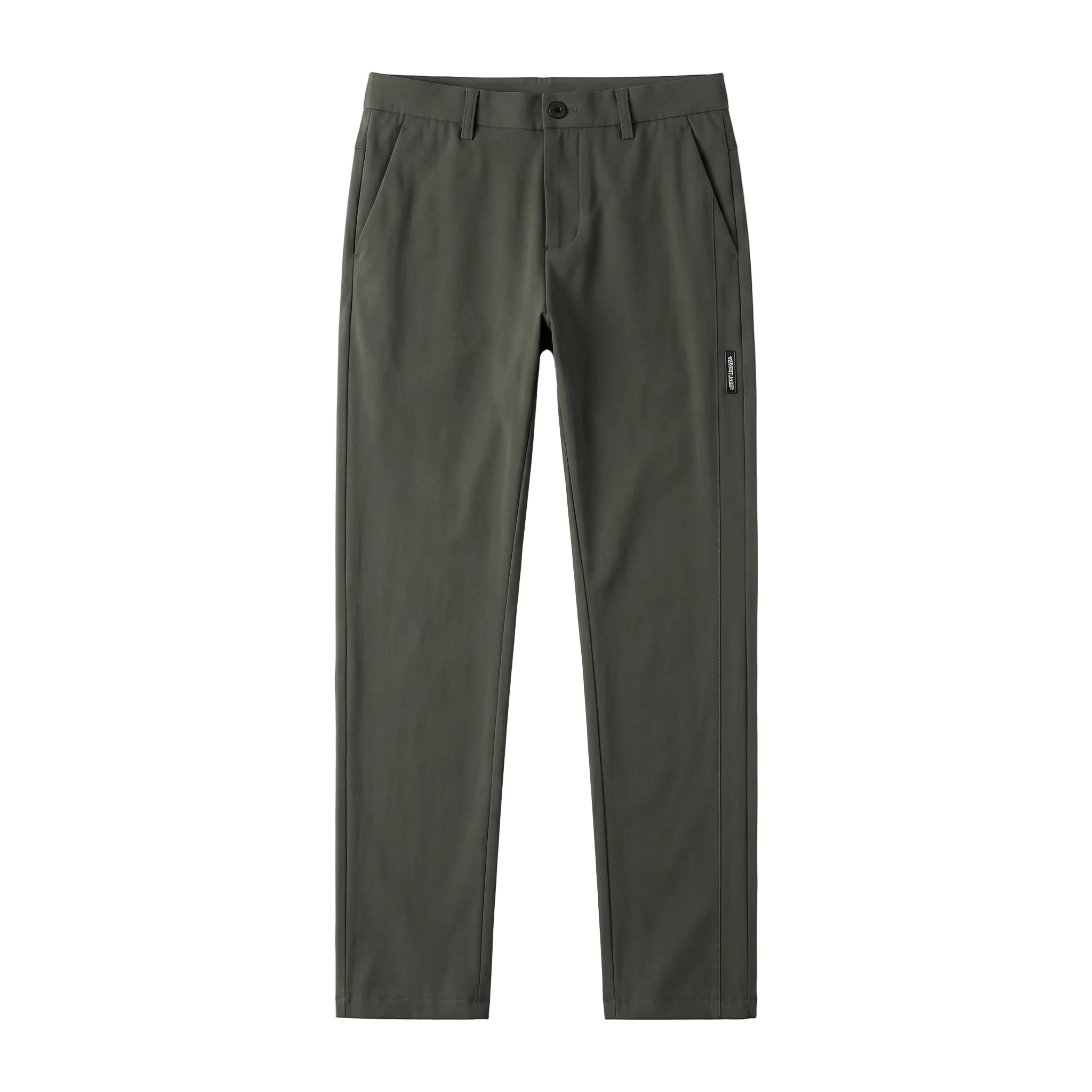 Olive green casual pants with tapered straight legs on a white background.