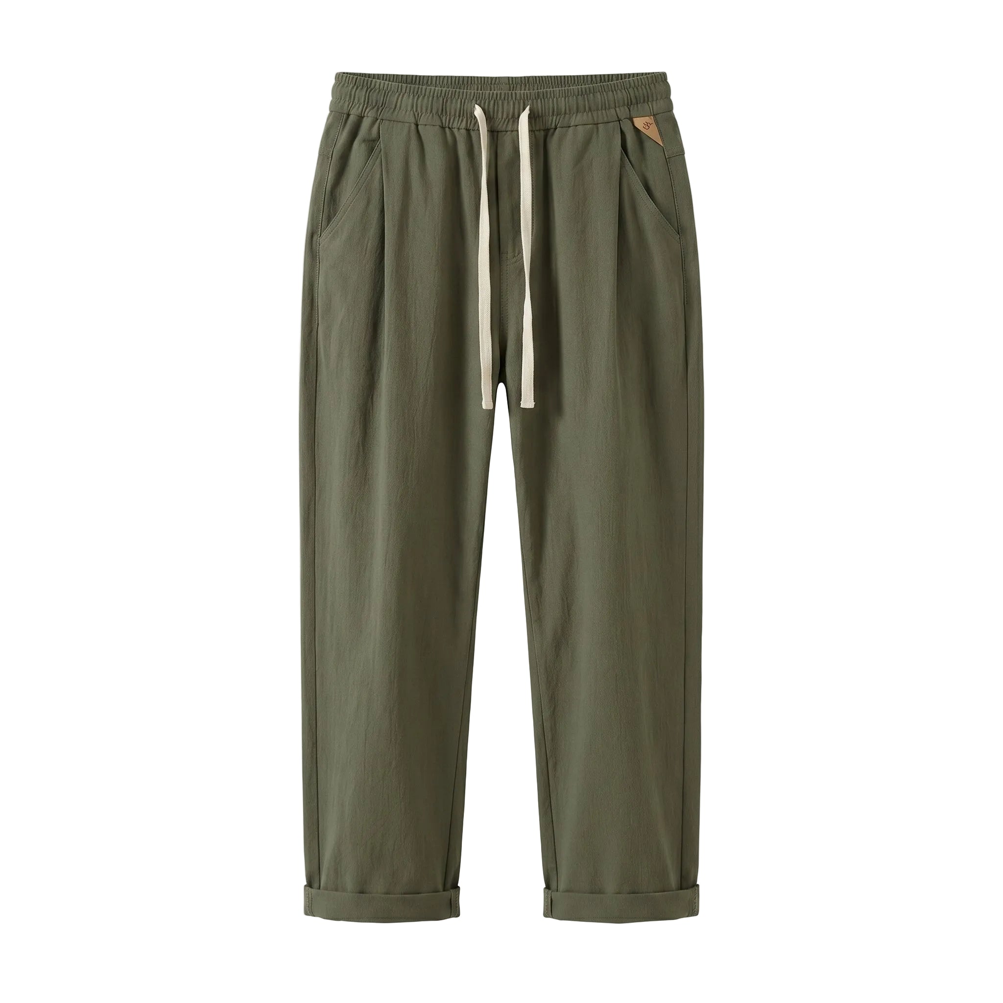 Olive green drawstring jogger pants with tapered legs on a white background.
