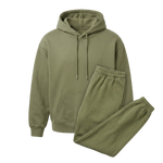 Olive green jogger pants with elastic waistband on a white background.