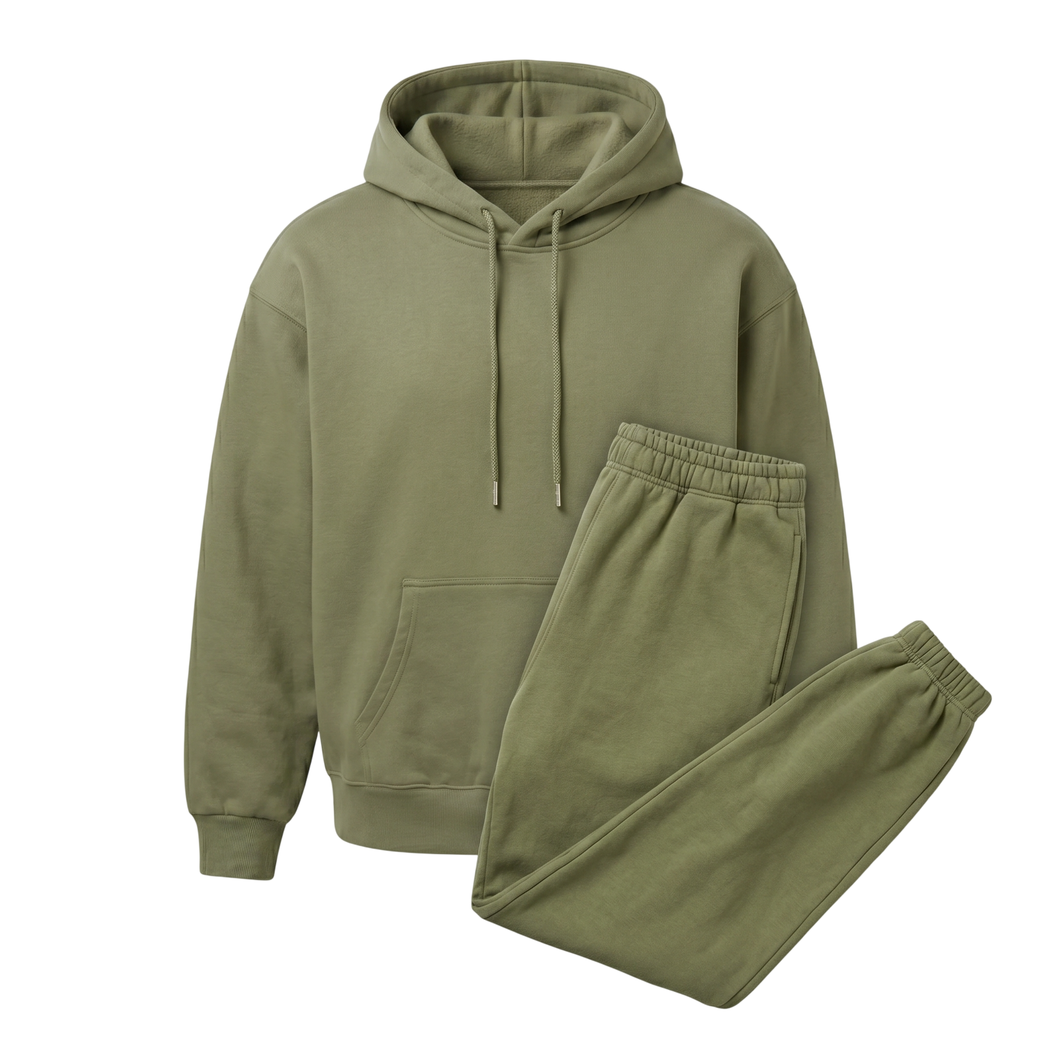 Olive green jogger pants with elastic waistband on a white background.