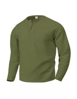 Olive green men’s quilted textured long sleeve henley shirt