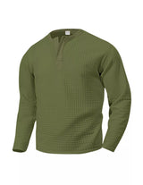 Olive green men’s quilted textured long sleeve henley shirt
