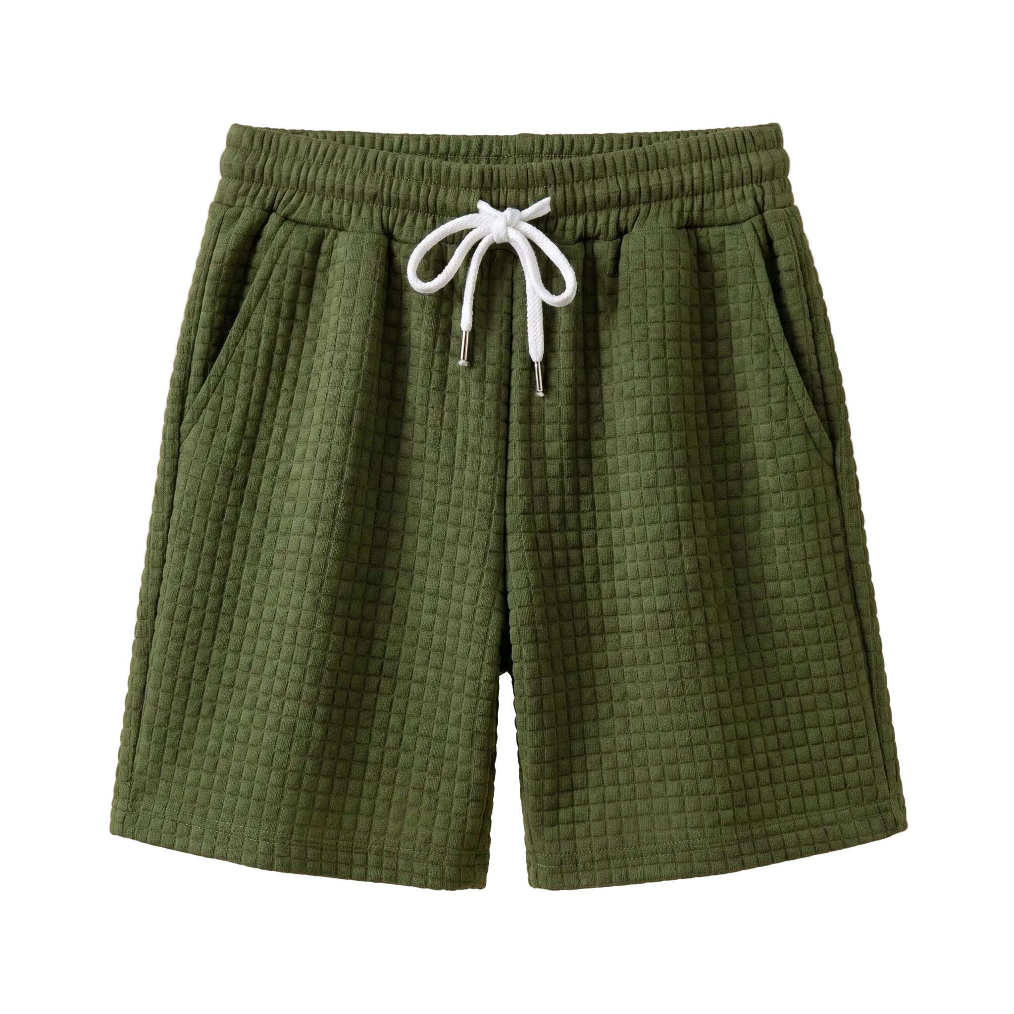 Olive green textured drawstring summer shorts with elastic waistband on a white background.