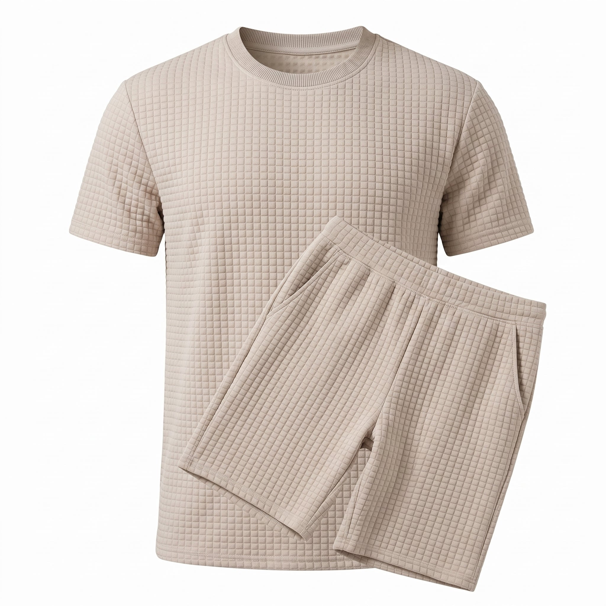 Olive green textured short-sleeve T-shirt with matching drawstring shorts on a white background.