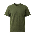 Olive green textured short-sleeve summer T-shirt with crew neck on a white background.