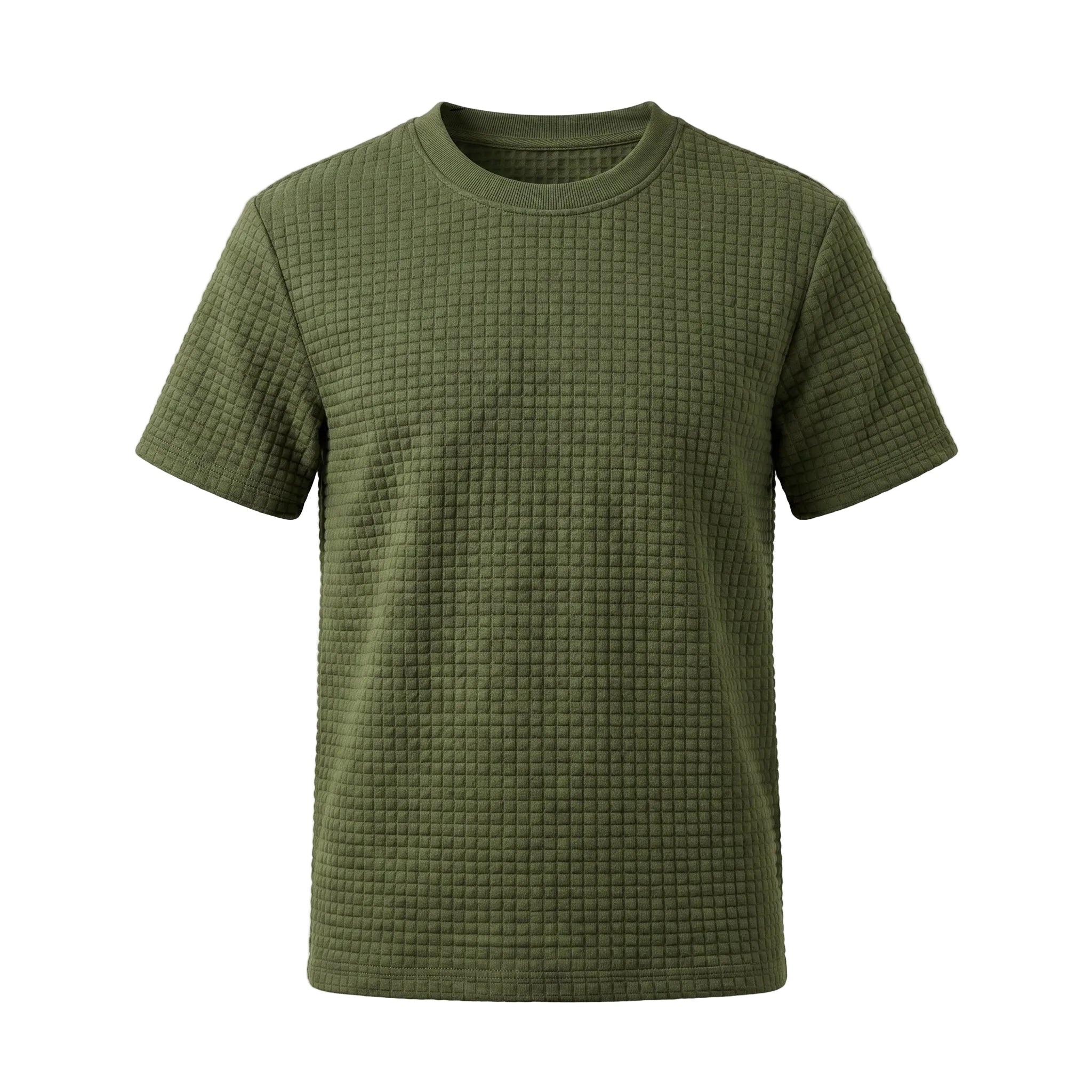 Olive green textured short-sleeve summer T-shirt with crew neck on a white background.