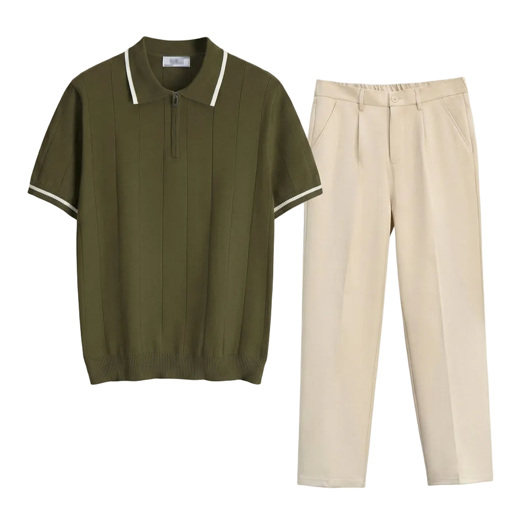 Olivo - Green polo shirt with white trim and beige pants on a light gray background