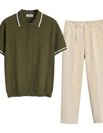 Olivo - Green polo shirt with white trim and beige pants on a light gray background