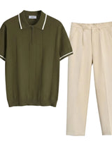 Olivo - Green polo shirt with white trim and beige pants on a light gray background