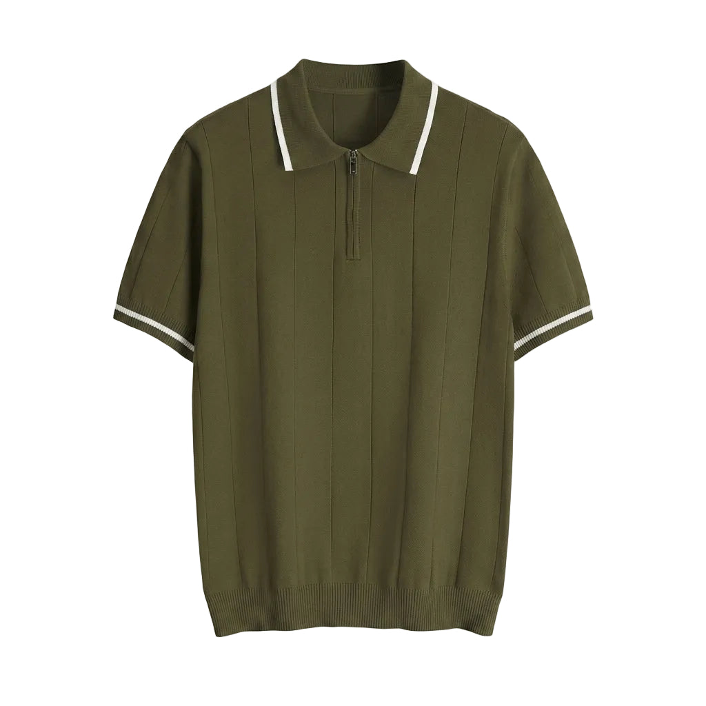 Olivo - Green short-sleeve sweater with white trim on a light gray background