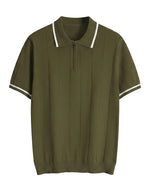 Olivo - Green short-sleeve sweater with white trim on a light gray background