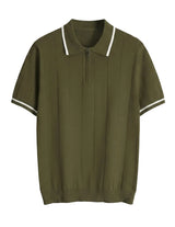 Olivo - Green short-sleeve sweater with white trim on a light gray background